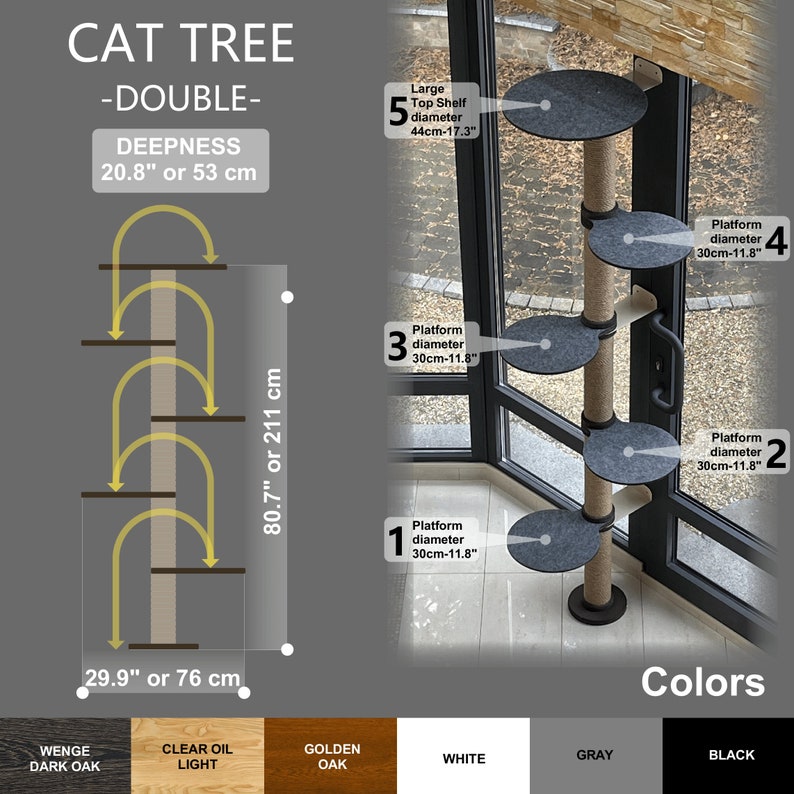 May include: A double cat tree with five platforms, including a large top shelf. The platforms are covered in gray felt and the post is wrapped in sisal rope. The tree is 80.7 inches tall and the platforms are 30 inches in diameter. The tree is available in five colors: wenge dark oak, clear oil light, golden oak, white, and gray.