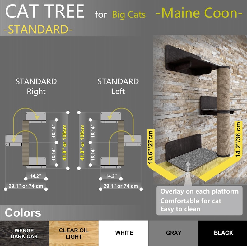 May include: A cat tree designed for large cats, specifically Maine Coons. The tree is made of wood and has a sisal rope scratching post. The tree is 41.8 inches tall and has a 10.6 inch wide platform. The tree is available in five colors: Wenge Dark Oak, Clear Oil Light, White, Gray, and Black.