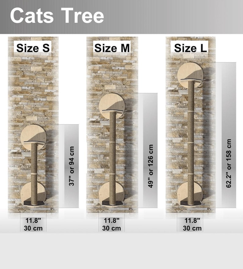 May include: A cat tree with three different sizes: Small (37 inches or 94 cm), Medium (49 inches or 126 cm), and Large (62.2 inches or 158 cm). Each size has a round platform and a sisal-covered scratching post.