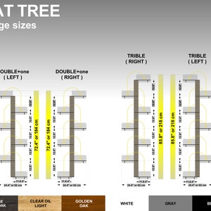 K&ouml;nnte beinhalten: Diagramm mit verschiedenen Gr&ouml;&szlig;en von Katzenb&auml;umen. Die Katzenb&auml;ume sind aus Holz und haben mehrere Plattformen. Die Gr&ouml;&szlig;en sind mit "Double+one (Links)", "Double+one (Rechts)", "Trible (Rechts)" und "Trible (Links)" gekennzeichnet. Die Abmessungen sind in Zoll und Zentimetern angegeben. Die Farben der Katzenb&auml;ume sind Wenge Dunkel Eiche, Klares &Ouml;l Hell, Goldene Eiche, Wei&szlig;, Grau und Schwarz.