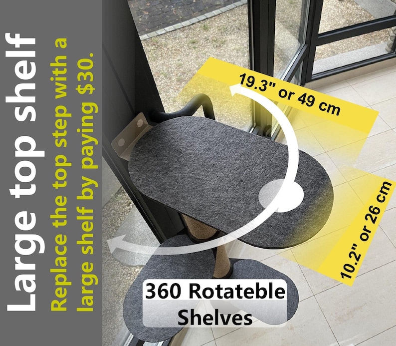 K&ouml;nnte beinhalten: Ein graues Katzenbaumregal mit einem Durchmesser von 49 cm und einem Durchmesser von 26 cm. Das Regal ist um 360 Grad drehbar. Der Text "360 Rotateble Shelves" ist auf dem Regal aufgedruckt.