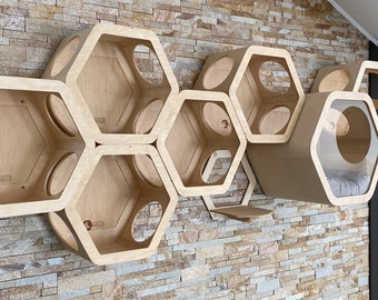 Modern Cat Furniture, Cat Wall Selves, Unique Cat Bed, New Cat Gift, Cat Climb Wall, Light Wood Hexagon, Cat Shelf, Cat Tunnel, Cat Gym