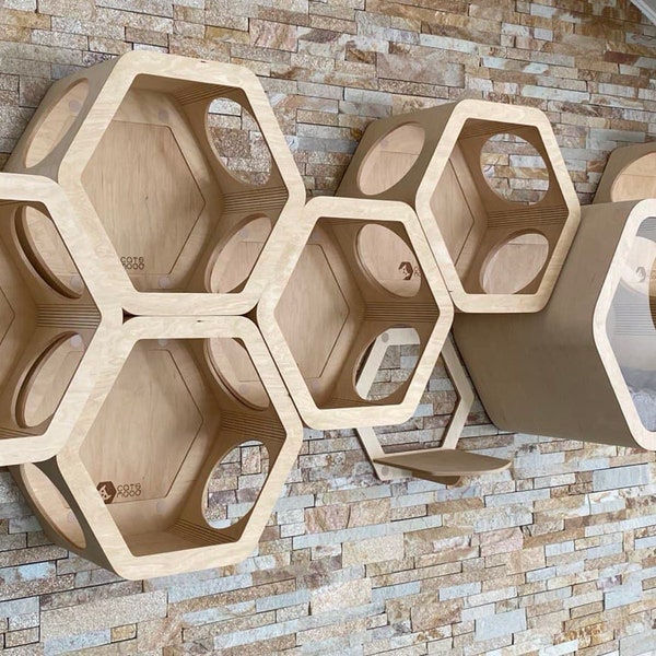 Modern Cat Furniture, Cat Wall Selves, Unique Cat Bed, New Cat Gift, Cat Climb Wall, Light Wood Hexagon, Cat Shelf, Cat Tunnel, Cat Gym