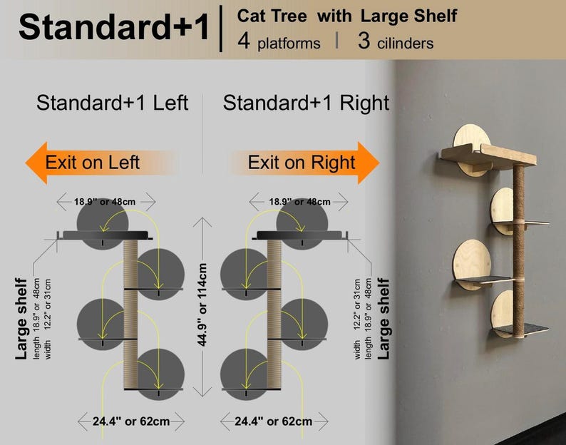 Puede incluir: Un &aacute;rbol para gatos con tres plataformas y un estante grande. Las plataformas tienen un di&aacute;metro de 48 cm y el estante mide 48 cm de largo y 31 cm de ancho. El &aacute;rbol para gatos est&aacute; hecho de madera y tiene un acabado natural. El &aacute;rbol para gatos mide 62 cm de alto y el estante mide 114 cm de alto.