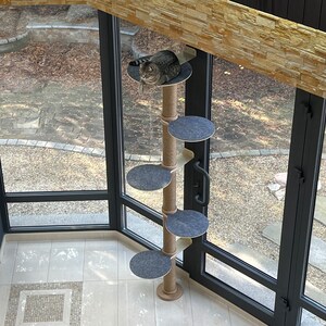 May include: A gray cat tree with five platforms, including a top platform where a gray tabby cat is sitting. The cat tree is made of wood and has a beige rope wrapped around the pole. The cat tree is in front of a window with a view of a green lawn.