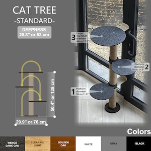 May include: A cat tree with three platforms and a top shelf. The platforms are covered in gray fabric and the post is wrapped in sisal rope. The cat tree is 50.4 inches tall and 29.9 inches wide. The top shelf is 17.3 inches in diameter and the platforms are 11.8 inches in diameter. The cat tree is available in five colors: Wenge Dark Oak, Clear Oil Light, Golden Oak, White, Gray, and Black.
