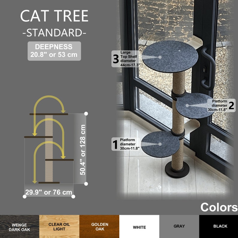 May include: A cat tree with three platforms and a top shelf. The platforms are covered in gray fabric and the post is wrapped in sisal rope. The cat tree is 50.4 inches tall and 29.9 inches wide. The top shelf is 17.3 inches in diameter and the platforms are 11.8 inches in diameter. The cat tree is available in five colors: Wenge Dark Oak, Clear Oil Light, Golden Oak, White, Gray, and Black.
