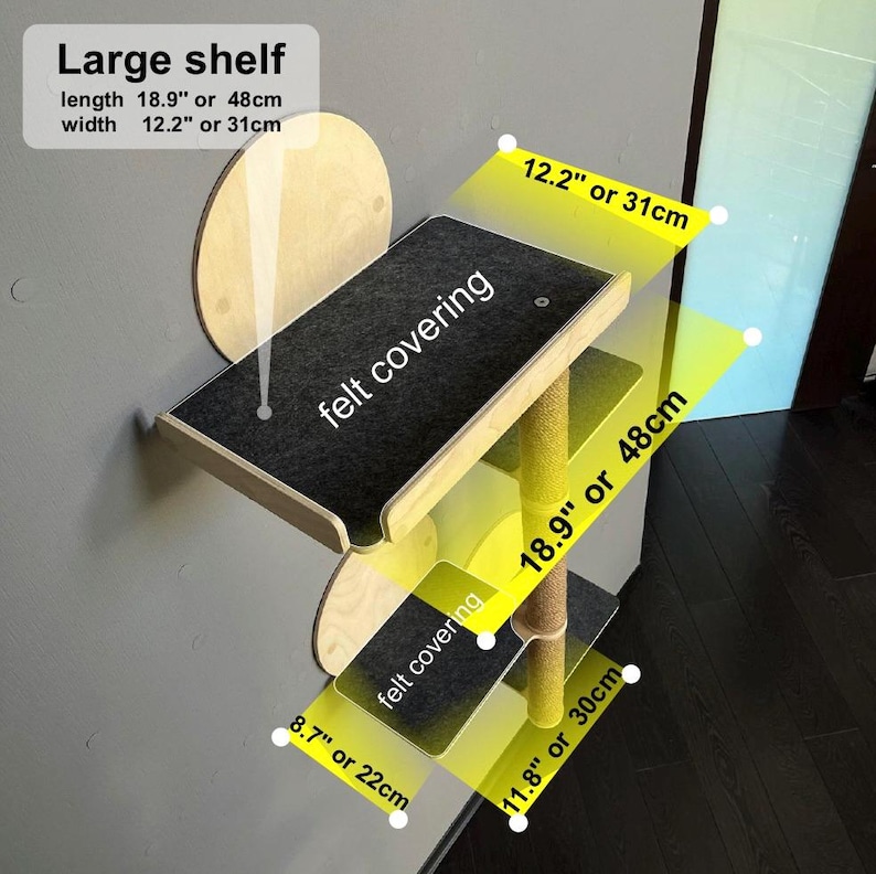 Puede incluir: Una estanter&iacute;a para gatos montada en la pared con dos plataformas, un poste para rascar y una cubierta de fieltro. La estanter&iacute;a est&aacute; hecha de madera y tiene un acabado natural. Las dimensiones son de 18,9 pulgadas o 48 cent&iacute;metros de largo y 12,2 pulgadas o 31 cent&iacute;metros de ancho.