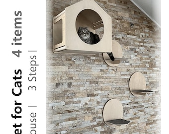 Juego de muebles de pared de madera para gatos, juego de juegos de pared para gatos, juego de estantes modernos para gatos, cama para gatos para pared, escalones para gatos, pared para trepar gatos, casa de pared para gatos