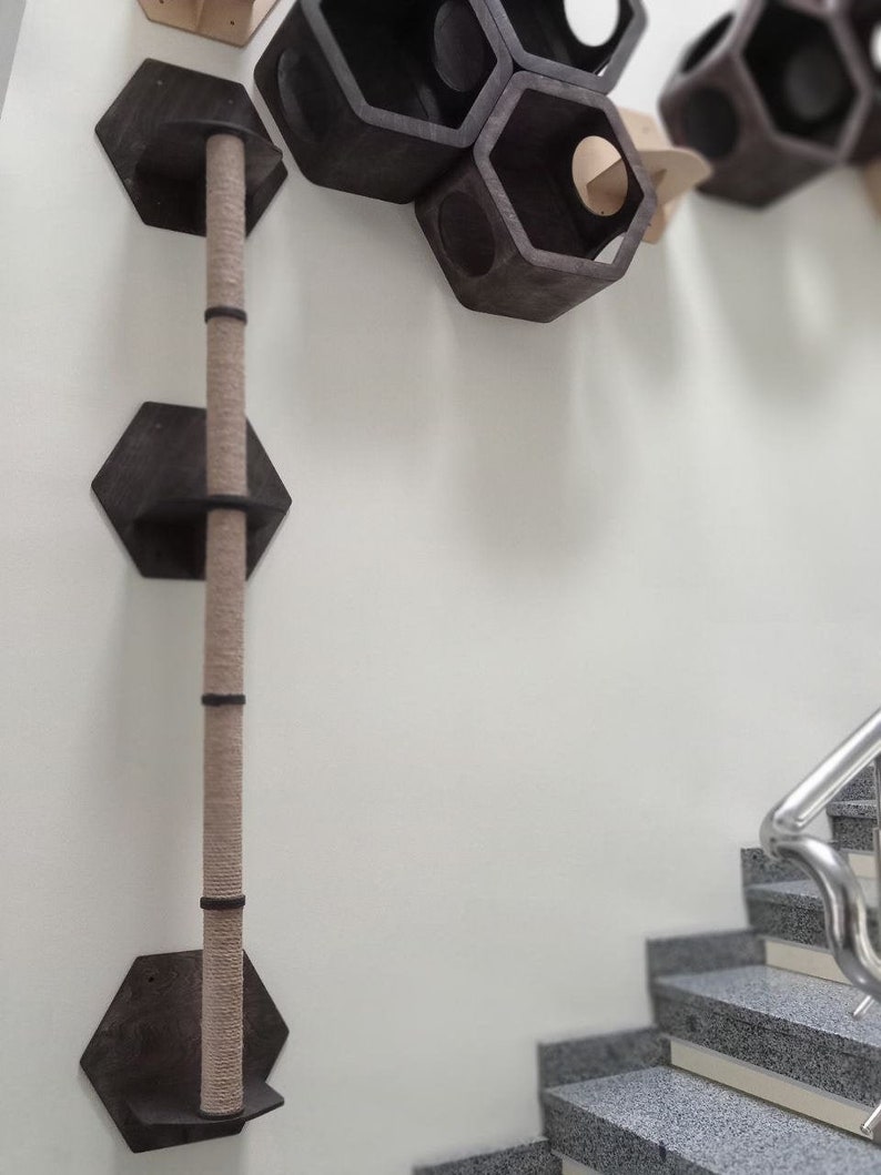 May include: A wall-mounted cat scratching post with a sisal rope covered post and three hexagonal platforms. The post is mounted on a white wall with a set of stairs in the background.