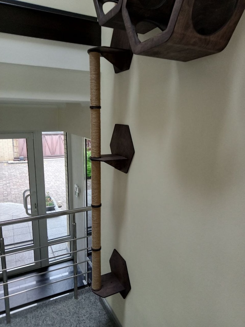 May include: A wall-mounted cat tree with a sisal-covered scratching post and multiple wooden platforms. The platforms are shaped like hexagons and are attached to the wall with screws.