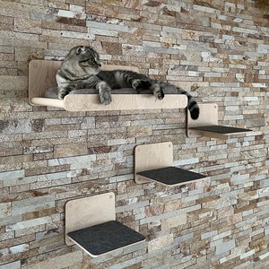 May include: A set of three wooden cat shelves mounted on a stone wall. The shelves are different sizes and have a soft, gray fabric lining. A tabby cat is lying on the top shelf.