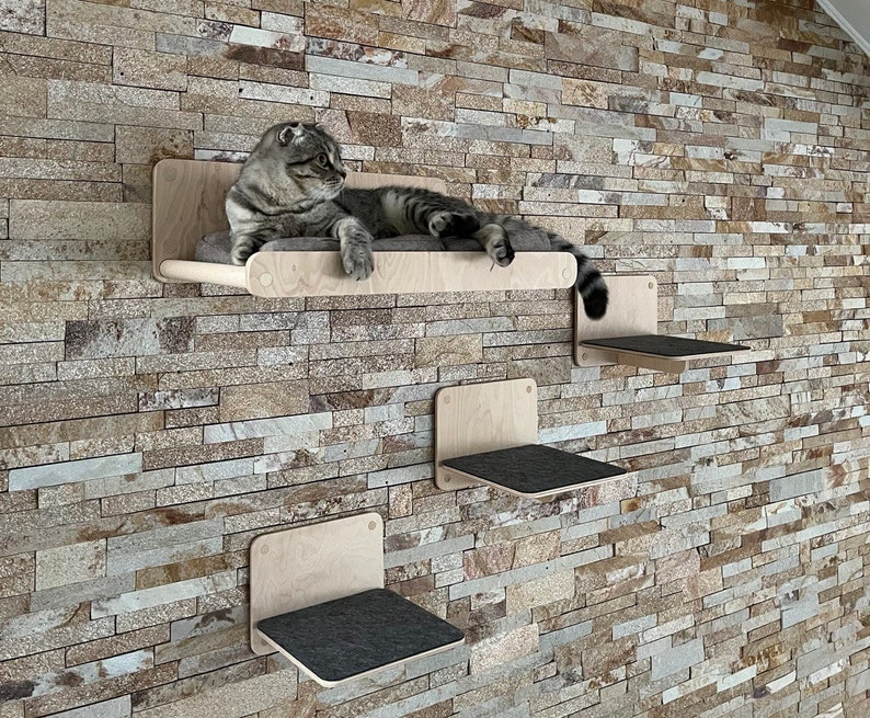 May include: A set of three wooden cat shelves mounted on a stone wall. The shelves are different sizes and have a soft, gray fabric lining. A tabby cat is lying on the top shelf.