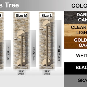 May include: A cat tree with three different sizes: small, medium, and large. The cat tree is made of sisal rope and has a platform at the top. The cat tree is available in a variety of colors, including dark oak, clear oil light, golden oak, white, black, and gray.