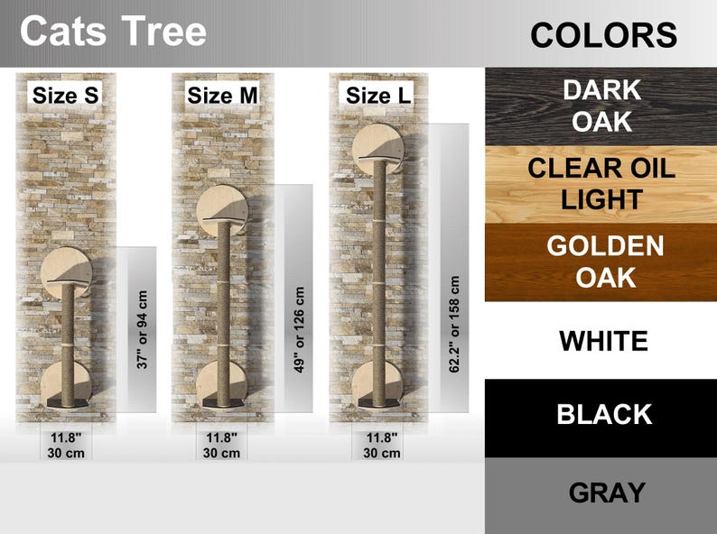 May include: A cat tree with three different sizes: small, medium, and large. The cat tree is made of sisal rope and has a platform at the top. The cat tree is available in a variety of colors, including dark oak, clear oil light, golden oak, white, black, and gray.