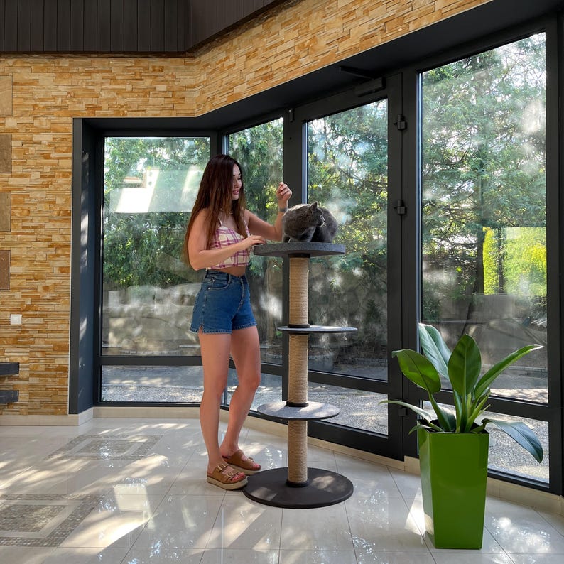 May include: A dark gray cat tree with three platforms and a sisal-wrapped post. The cat tree is sturdy and has a modern design. It is suitable for cats of all sizes and breeds. The cat tree is shown in a bright, sunlit room with large windows. The cat tree is a great addition to any home with cats.