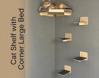 Corner Cat Shelf Set with Large Bed | Wall Mounted Cat Furniture | Modern Cat Climbing Wall | Floating Cat Steps | Wooden Cat Shelves