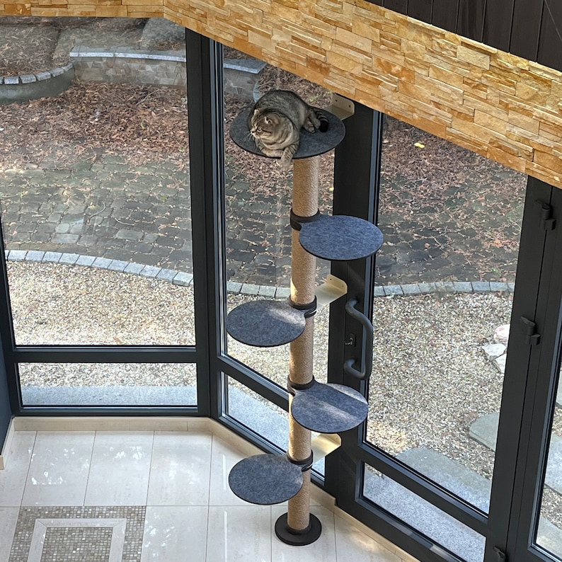 May include: A gray cat sits on a tall, gray cat tree with multiple platforms. The cat tree is made of sisal rope and has a gray, felt-covered base.