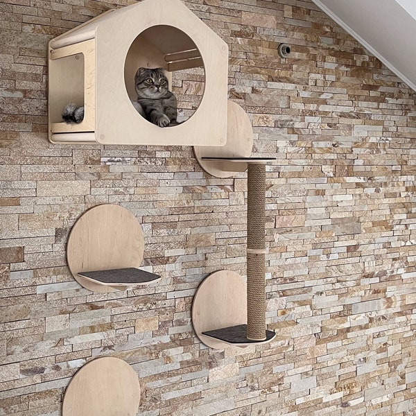 木製キャットハウス 壁付けキャットベッド 猫用家具 モダンな猫用家具 猫用プレイハウス キャットタワー 猫へのプレゼント 壁付けキャットツリー 猫用ハウス