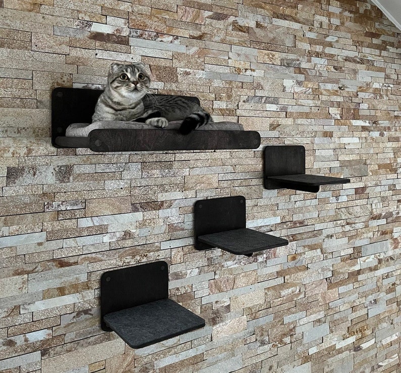 May include: Four black cat shelves mounted on a stone wall. The top shelf has a gray and white cat laying on it.