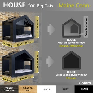 May include: A black cat house with an optional acrylic window. The house is 22.8 inches wide and 21.7 inches tall. The house is available in three colors: Wenge Dark Oak, Clear Oil Light, and White.