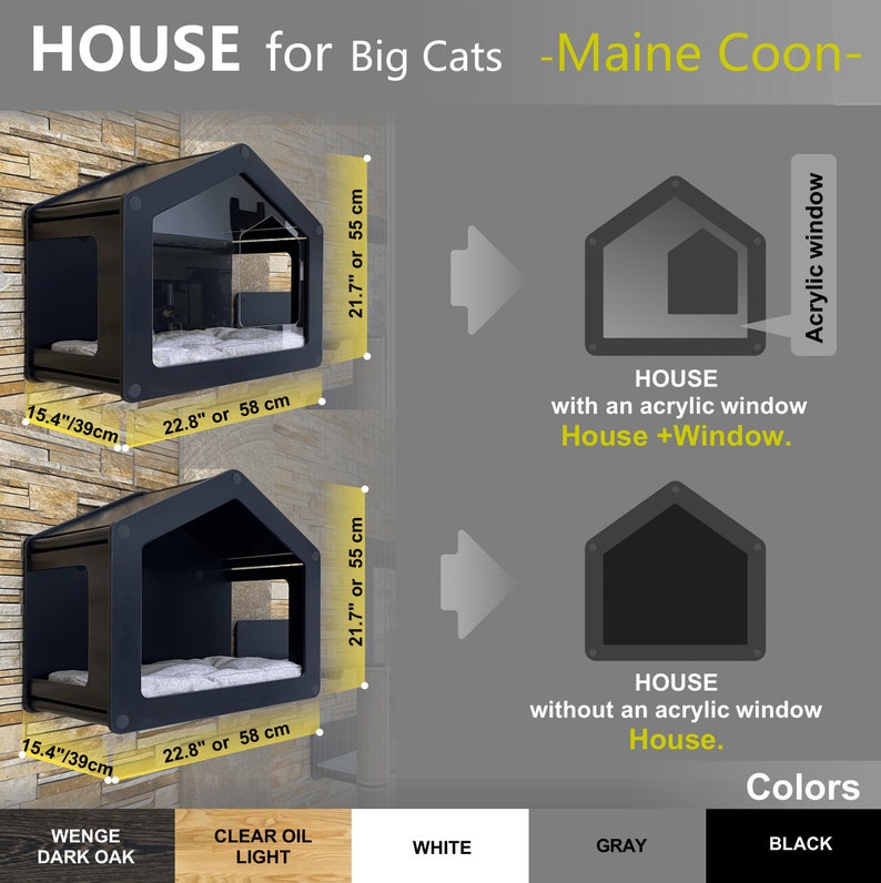 May include: A black cat house with an optional acrylic window. The house is 22.8 inches wide and 21.7 inches tall. The house is available in three colors: Wenge Dark Oak, Clear Oil Light, and White.