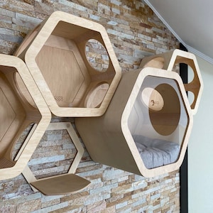 Può includere: Un set di sei cucce esagonali per gatti in legno, montate su una parete. Le cucce hanno una varietà di aperture e una finestra in plastica trasparente. Le cucce sono disposte a scalare. La parete è in pietra.
