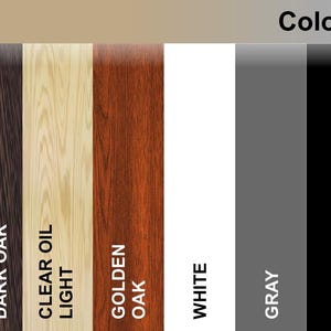 Puede incluir: Carta de colores que muestra diferentes acabados de madera para muebles. Los colores son Wengu&eacute; Oscuro, Aceite Claro Claro, Roble Dorado, Blanco, Gris y Negro.