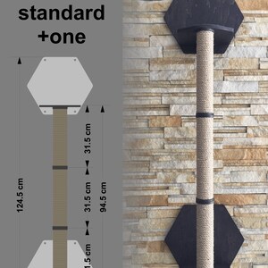 May include: A black and gray cat tree with a sisal rope scratching post. The cat tree is mounted to a wall and has two hexagonal platforms. The cat tree is 94.5 cm tall, 31.5 cm wide, and 124.5 cm deep.
