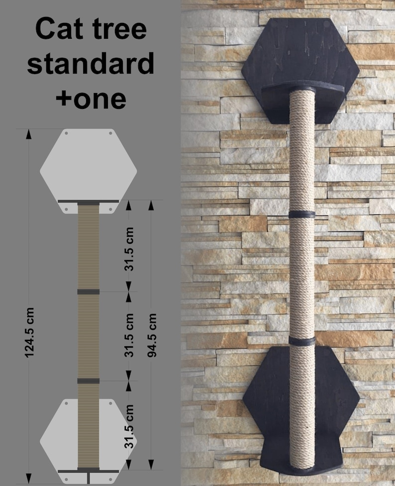 May include: A black and gray cat tree with a sisal rope scratching post. The cat tree is mounted to a wall and has two hexagonal platforms. The cat tree is 94.5 cm tall, 31.5 cm wide, and 124.5 cm deep.