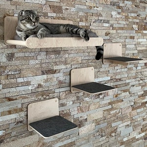 May include: A set of three wooden cat shelves with soft grey cushions. The shelves are mounted on a brick wall. A cat is lying on the top shelf.