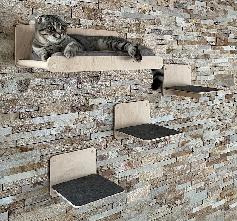 May include: A set of three wooden cat shelves with soft grey cushions. The shelves are mounted on a brick wall. A cat is lying on the top shelf.