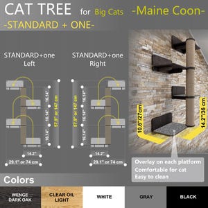 May include: A cat tree designed for large cats, specifically Maine Coons. The tree features multiple platforms and a scratching post. The platforms are 16.14 inches wide and 14.2 inches deep. The scratching post is 57.9 inches tall. The tree is available in five colors: Wenge Dark Oak, Clear Oil Light, White, Gray, and Black.