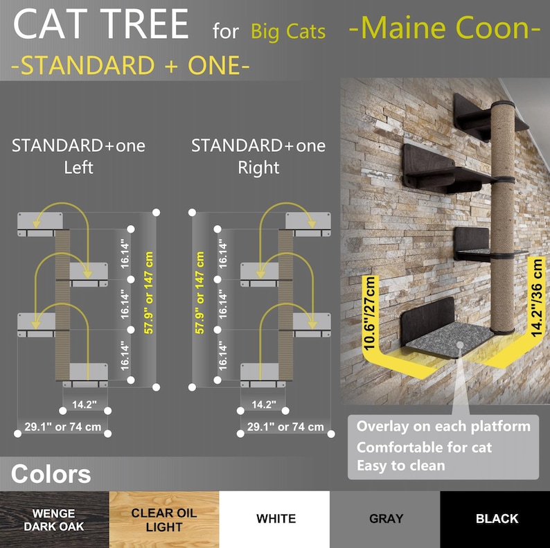 May include: A cat tree designed for large cats, specifically Maine Coons. The tree features multiple platforms and a scratching post. The platforms are 16.14 inches wide and 14.2 inches deep. The scratching post is 57.9 inches tall. The tree is available in five colors: Wenge Dark Oak, Clear Oil Light, White, Gray, and Black.