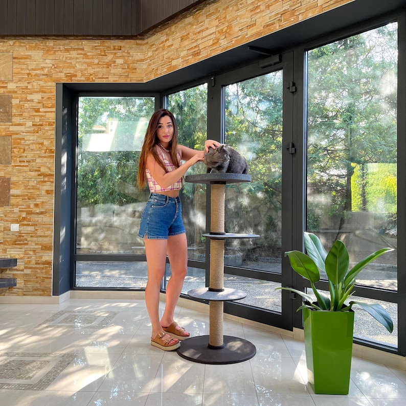 May include: A gray cat tree with three platforms and a sisal-wrapped post. The cat tree is sturdy and has a modern design. It is suitable for cats of all sizes and breeds. The cat tree is shown in a bright, airy room with large windows. The cat tree is made of high-quality materials and is designed to last for years. It is easy to assemble and clean. The cat tree is a great way to provide your cat with a safe and comfortable place to play and relax.
