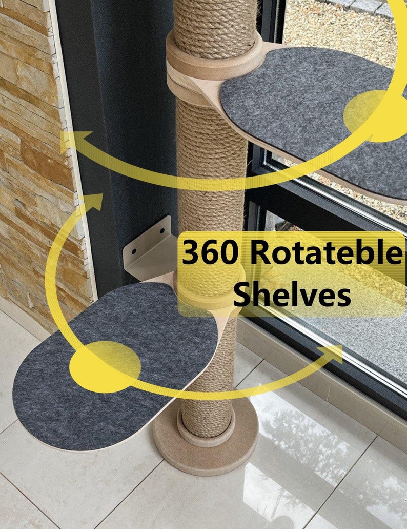 K&ouml;nnte beinhalten: Ein beiger Katzenbaum mit einem Sisal-umwickelten Pfosten und drei grauen Plattformen. Die Plattformen sind so konzipiert, dass sie sich um 360 Grad drehen lassen. Der Text "360 Rotatable Shelves" ist auf den Pfosten gedruckt.