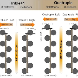 Puede incluir: Diagrama que muestra dos dise&ntilde;os diferentes de &aacute;rboles para gatos. El primer dise&ntilde;o se llama "Trible+1" y tiene 8 plataformas y 7 cilindros. El segundo dise&ntilde;o se llama "Quatruple" y tiene 9 plataformas y 8 cilindros. Ambos dise&ntilde;os tienen una plataforma grande en la parte superior y est&aacute;n disponibles en configuraciones izquierda y derecha.