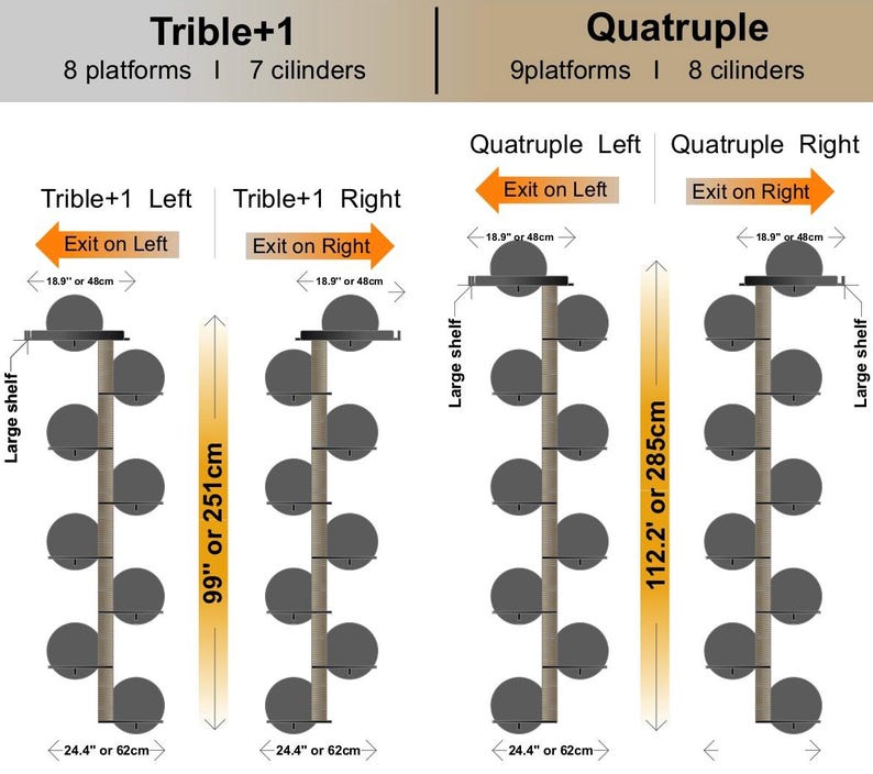 Puede incluir: Diagrama que muestra dos dise&ntilde;os diferentes de &aacute;rboles para gatos. El primer dise&ntilde;o se llama "Trible+1" y tiene 8 plataformas y 7 cilindros. El segundo dise&ntilde;o se llama "Quatruple" y tiene 9 plataformas y 8 cilindros. Ambos dise&ntilde;os tienen una plataforma grande en la parte superior y est&aacute;n disponibles en configuraciones izquierda y derecha.