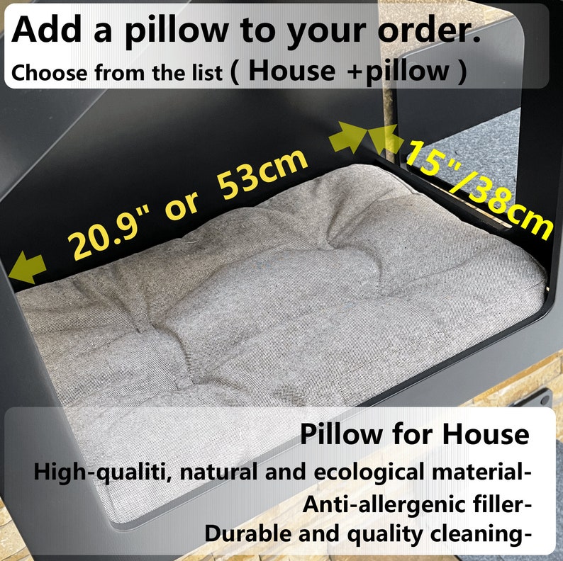 May include: A gray pillow for a pet house, measuring 20.9 inches by 15 inches. The pillow is made of high-quality, natural and ecological material, with an anti-allergenic filler. It is durable and easy to clean.