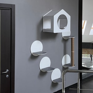White cat wall furniture set Cat shelf Modern cat furniture Kitten furniture for wall Cat wall shelves Wall cat bed Wood cat house Cat gift