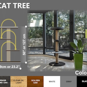 May include: Cat tree diagram showing a 50' or 127cm tall cat tree with three platforms.  The cat tree is available in wenge dark oak, clear oil light, golden oak, white, gray, and black.  The image includes dimensions and color options for the cat tree.