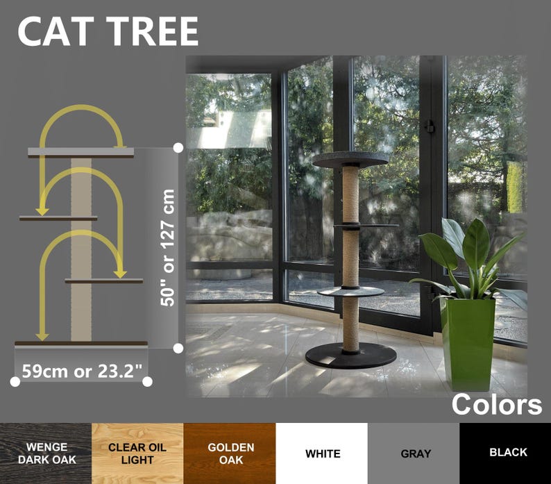 May include: Cat tree diagram showing a 50' or 127cm tall cat tree with three platforms.  The cat tree is available in wenge dark oak, clear oil light, golden oak, white, gray, and black.  The image includes dimensions and color options for the cat tree.