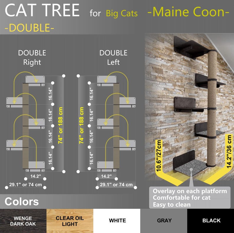 May include: A cat tree designed for large cats, specifically Maine Coons. The tree features two vertical posts with multiple platforms, each measuring 16.14 inches by 16.14 inches. The posts are 74 inches or 188 centimeters tall. The tree is available in five colors: Wenge Dark Oak, Clear Oil Light, White, Gray, and Black.