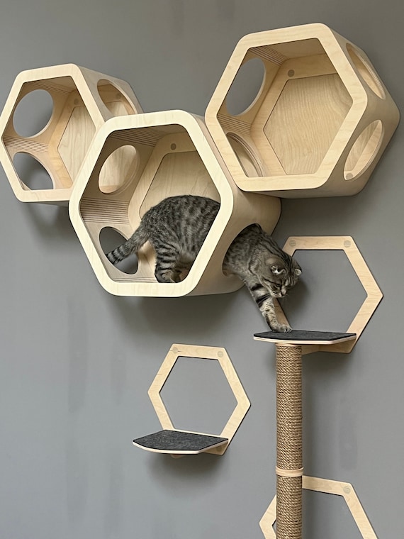 猫の六角形の棚 モダンな猫の家具 壁掛け猫ベッド 猫の壁掛け棚 六角形
