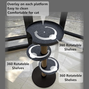 May include: Three-tier cat tree with 360-degree rotatable shelves. Each platform has a dark gray felt overlay. The central post is wrapped in sisal rope.  The base and shelves are black. Text on the image highlights features: 'Overlay on each platform', 'Easy to clean', 'Comfortable for cat', and '360 Rotatable Shelves' (repeated for each level).