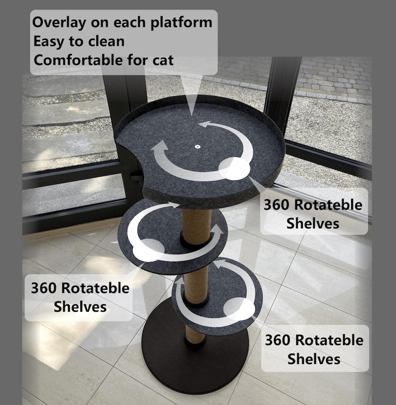 May include: Three-tier cat tree with 360-degree rotatable shelves. Each platform has a dark gray felt overlay. The central post is wrapped in sisal rope.  The base and shelves are black. Text on the image highlights features: 'Overlay on each platform', 'Easy to clean', 'Comfortable for cat', and '360 Rotatable Shelves' (repeated for each level).