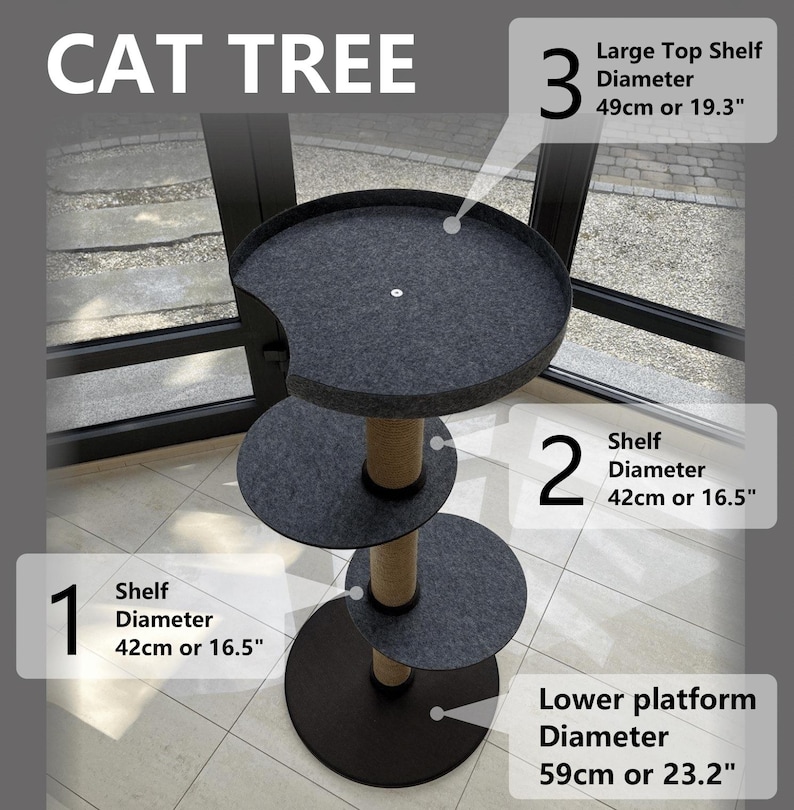 May include: Three-tier cat tree with dark gray shelves and a beige sisal-wrapped post.  The top shelf has a 49cm diameter, while the lower two shelves measure 42cm in diameter. The base platform is 59cm in diameter.  The cat tree is shown in a sunlit room.  Dimensions are labeled in both centimeters and inches.