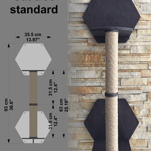 May include: A black and gray cat tree with a hexagonal base and a sisal rope scratching post. The cat tree is 63 cm (25.19 inches) tall and 31.5 cm (12.4 inches) wide. The cat tree is mounted on a wall.