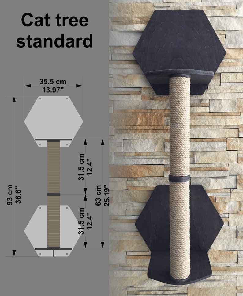 May include: A black and gray cat tree with a hexagonal base and a sisal rope scratching post. The cat tree is 63 cm (25.19 inches) tall and 31.5 cm (12.4 inches) wide. The cat tree is mounted on a wall.