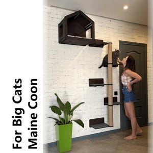 May include: A black cat tree with a wooden house at the top, a scratching post, and multiple platforms. The cat tree is mounted on a white brick wall. A woman is standing next to the cat tree, and a cat is sitting on one of the platforms.